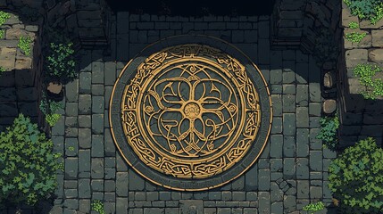 Naklejka premium Aerial View of an Ancient Stone Courtyard with Ornate Circular Design. 