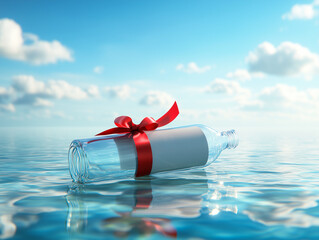Glass Bottle with Love Letter and Red Ribbon Floating on Calm Ocean Water Under Blue Sky with Fluffy Clouds - Romantic Message in a Bottle Concept for Valentine's Day or Special Occasions