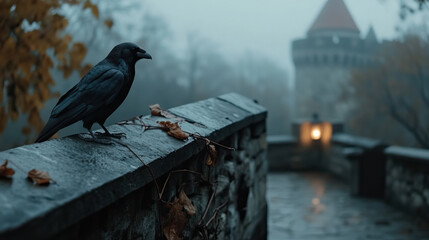 Abandoned castle watchtower in misty dusk, rusted medieval armor on stone railing, autumn leaves scattered across wet cobblestones