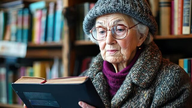 An elderly person using an e-reader for the first time, exploring a library of books with a look of amazement and curiosity.