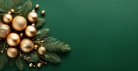 Zielone świąteczne tło bożonarodzeniowe. Stroik świąteczny. Złote bombki choinkowe, ilustracja. Dekoracja świąteczna. Puste miejsce na tekst