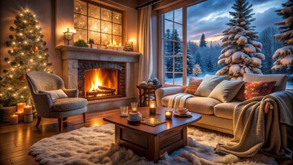 Cozy Winter Night with Crackling Fireplace in Warm Living Room Atmosphere
