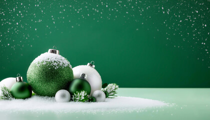 Zielone świąteczne tło bożonarodzeniowe. Stroik świąteczny. Bombki choinkowe, ilustracja
