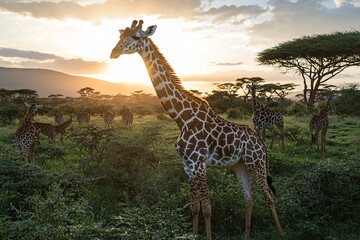 Obraz premium Giraffe at Sunset: Majestic Wildlife in Serengeti National Park