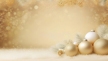 Pastelowe złote świąteczne tło bożonarodzeniowe. Stroik świąteczny, ramka. Bombki choinkowe, dekoracja świąteczna. ilustracja. Puste miejsce na tekst