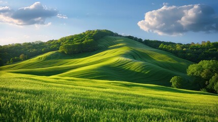 Fototapeta premium Scenic view of rolling green hills bathed in warm sunlight and blue skies. Concepts. nature, landscape, countryside, tranquility