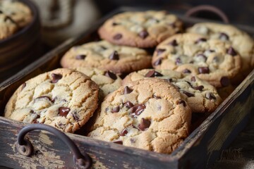 Chocolate Chip Cookies Baked Freshly in Rustic Wooden Box with Sweet Delight