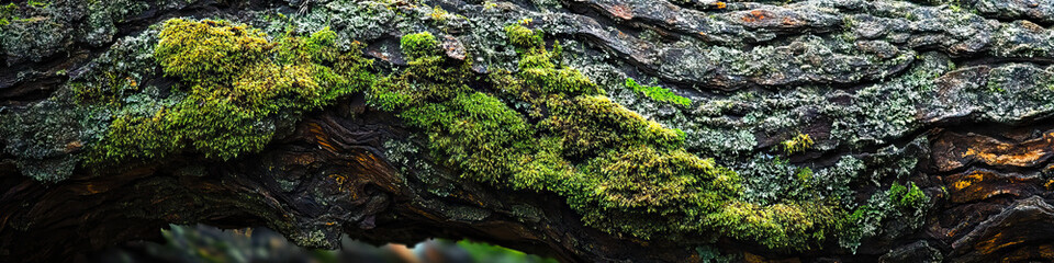 Mossy Tree Trunk: The intricate pattern of moss and lichen covering the gnarled trunk of a fallen tree in the forest.
