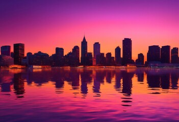 Fototapeta premium breathtaking sunset over vibrant city skyline reflecting calm waters stunning colors illuminated buildings, reflection, lights, landscape, urban