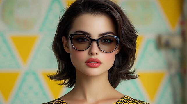 A stylish woman in a 1960s mod dress and oversized sunglasses, standing in front of a retro wallpaper with geometric patterns, exuding the elegance and flair of the vintage fashion era. Ultra-Realisti