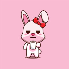 Cute bunny is tired and sleepy holding coffee cartoon vector illustration.