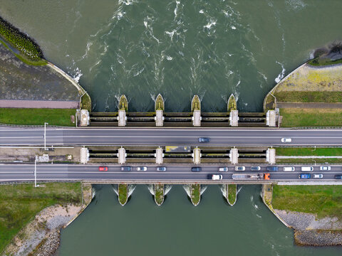 Topdown aerial of sea water discharge sluice IJsselmeer, Netherlands