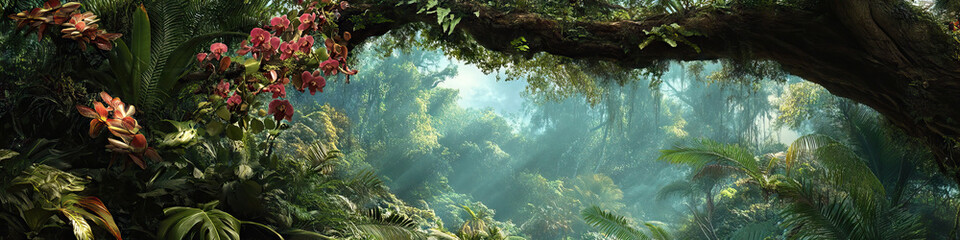 Fototapeta premium Hanging Vine Garden: A view of delicate orchids and ferns adorning the branches of a large tree in the rainforest.