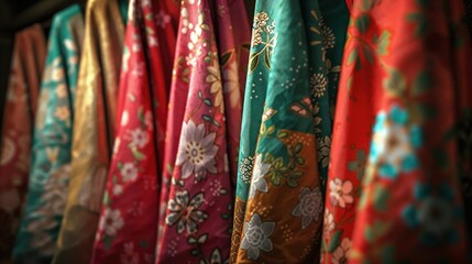 Vibrant traditional textiles with intricate floral patterns hanging in a row, showcasing rich cultural heritage, vivid colors, and detailed craftsmanship. Ideal for travel and cultural themes