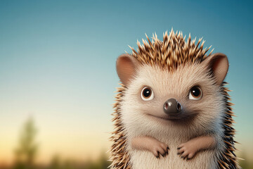 Obraz premium Amusing Hedgehog in Playful Pose, vibrant 3D illustration, whimsical character design, engaging foreground, ample space for text integration.