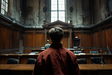 Naklejka premium Generative AI Image of Prisoner crimanal in Orange Jumpsuit in Jail Corridor on hearing