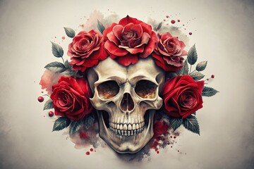 Stunning Rose Skull Illustration with Red Roses in a Watercolor Tattoo Style Perfect for Tattoo Design Inspiration and Artistic Creations