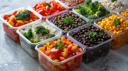 Meal prep containers filled with various ingredients, including rice, corn, black beans, and broccoli.