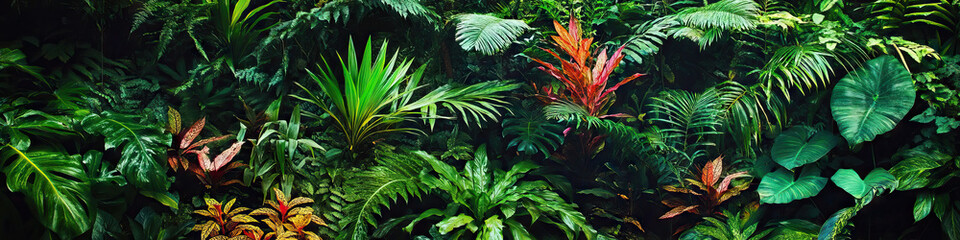 Fototapeta premium Jungle Floor Diversity: A close-up shot of a dense tropical forest floor, revealing an array of vibrant flora and fauna.