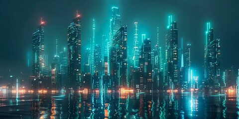 Futuristic city skyline with olive and teal neon lights. Night scene with advanced skyscrapers. 3D Render.