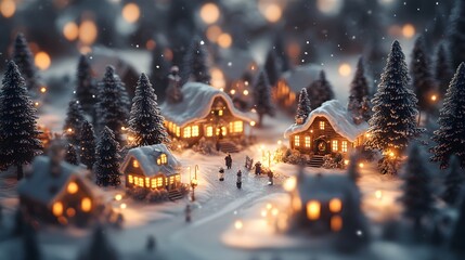 Fototapeta premium Idyllic New Year’s Eve Scene in Glass: A Photorealistic Winter Village with Cozy Huts, Snow-Covered Trees, and Bright Holiday Lights for a Magical Celebration