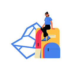 Female Character Sitting On Backpack In Flat Vector Illustration Symbolizing Travel, Leisure, And Exploration, Isolated On White Background