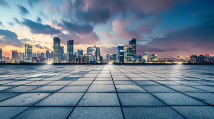 Empty square floor with city skyline background, City skyline with dynamic urban skate park, vibrant urban scene