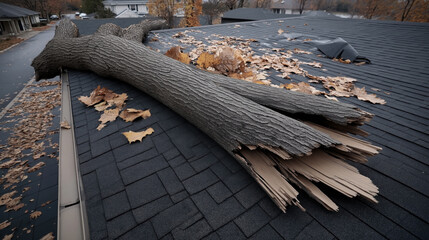 Large fallen tree branch on residential roof with autumn leaves after a storm causing damage to the shingles in a suburban neighborhood