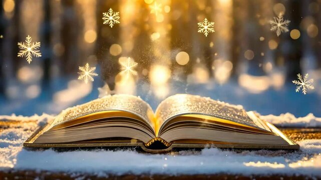 Christmas fairy-tale background with magical open book. Winter holidays, snowy forest.