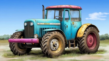 Obraz premium Colorful crayon drawing of a tractor on white background