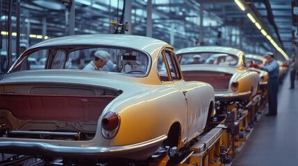 Fototapeta premium Classic Cars Rolling Off The Assembly Line