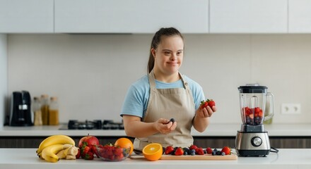 Inclusive kitchen scene with young woman preparing healthy smoothie from fresh fruits