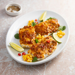 White fish fillet with pepper paste and corn