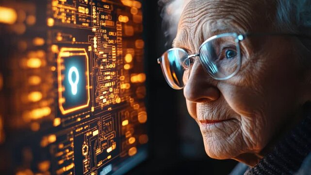 A senior using a virtual private network (VPN) while browsing the internet, with a clear icon indicating a secure connection on the screen.