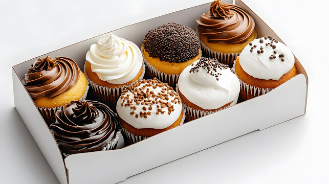 A delightful box of assorted cupcakes topped with chocolate and vanilla frosting, perfect for any celebration or treat.