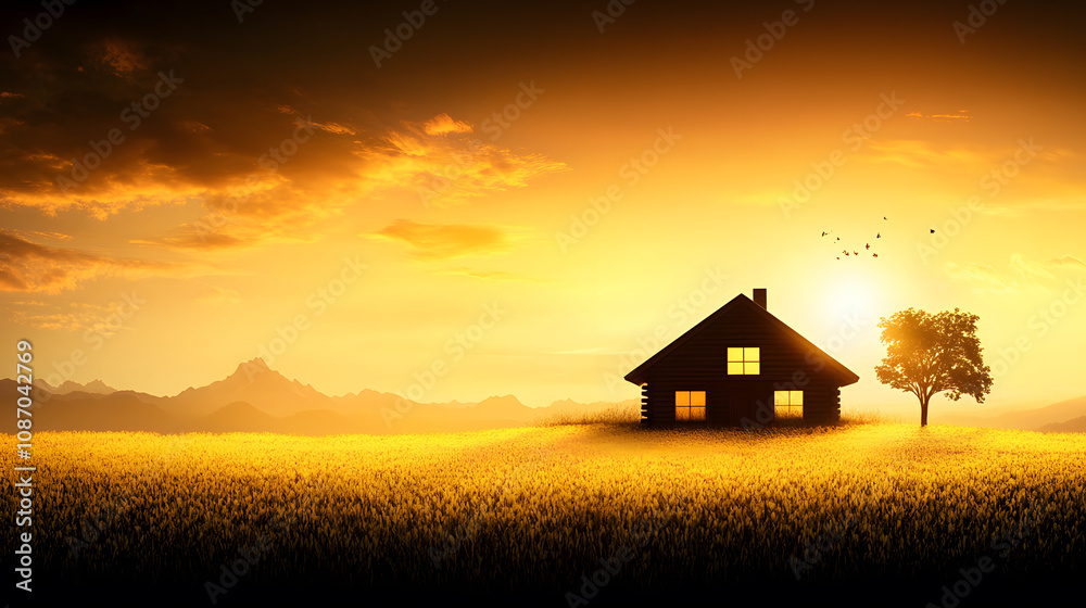 Poster a serene sunset landscape featuring a silhouette of a house and a tree, surrounded by golden fields 