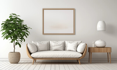 Minimalist Living Room Interior White Sofa Wooden Side Table Plant