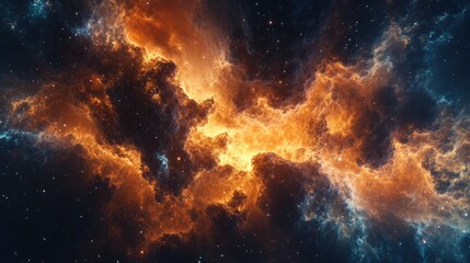 Fototapeta premium Fiery cosmic nebula with orange and blue hues, swirling gas and dust clouds in deep space.