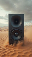 Large speaker column in the desert under the open sky. Concept of pure sound