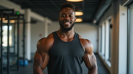 Fototapeta premium Muscular black athlete posing in the gym