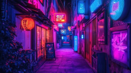 Fototapeta premium Vibrant neon-lit alleyway at night, showcasing Asian-inspired architecture, signage, and lanterns.