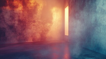 Obraz premium Smoky, dimly lit interior corner with contrasting warm and cool tones, featuring a glowing rectangular opening.