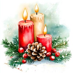 Watercolor christmas candle and decorations illustration