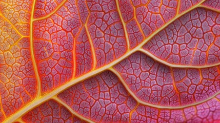 Obraz premium Close-up of a vibrant red and orange leaf's intricate vein structure.