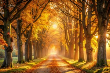 Surreal Autumn Sunshine Illuminates a Tranquil Tree-Lined Path in the Morning, Creating a Dreamlike Atmosphere with Golden Leaves and Soft Light Filtering Through the Branches