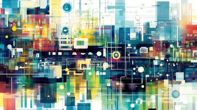 Abstract digital network, colorful interconnected nodes and data streams.