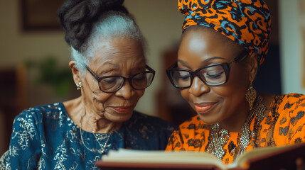 Fototapeta premium Two women engaged in a heartfelt reading session together at home during a cozy afternoon. Generative AI