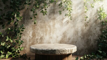 Fototapeta premium Rustic stone podium with ivy backdrop, ideal for product display.