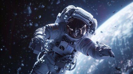 An astronaut in a white spacesuit floats peacefully in space, with Earth and another planet in the background. The scene exudes a serene and majestic vibe.