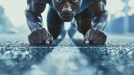 A focused African American athlete does push-ups on wet pavement in a deserted street at dusk or dawn, showcasing strength and dedication.